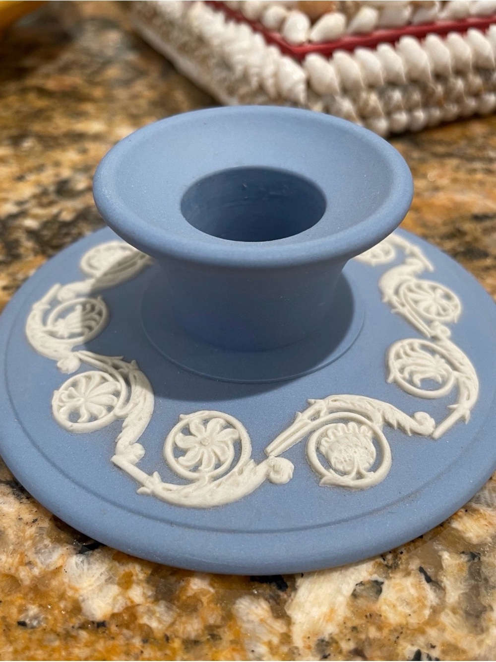 Pair of Vintage Blue Wedgwood Jasperware Candle Holders with White Relief